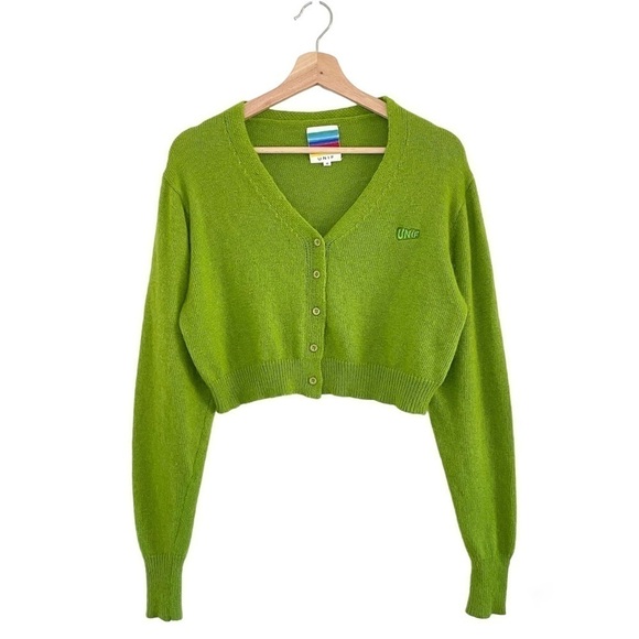 UNIF Liv Cropped Cardigan V Neck Button Front Alpaca Blend Sweater Green XS - Picture 8 of 16